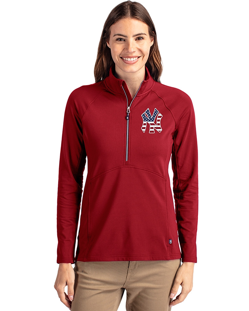 Image of New York Yankees Stars & Stripes Cutter & Buck Adapt Recycled Soft Knit Stretch Womens Half Zip Pullover