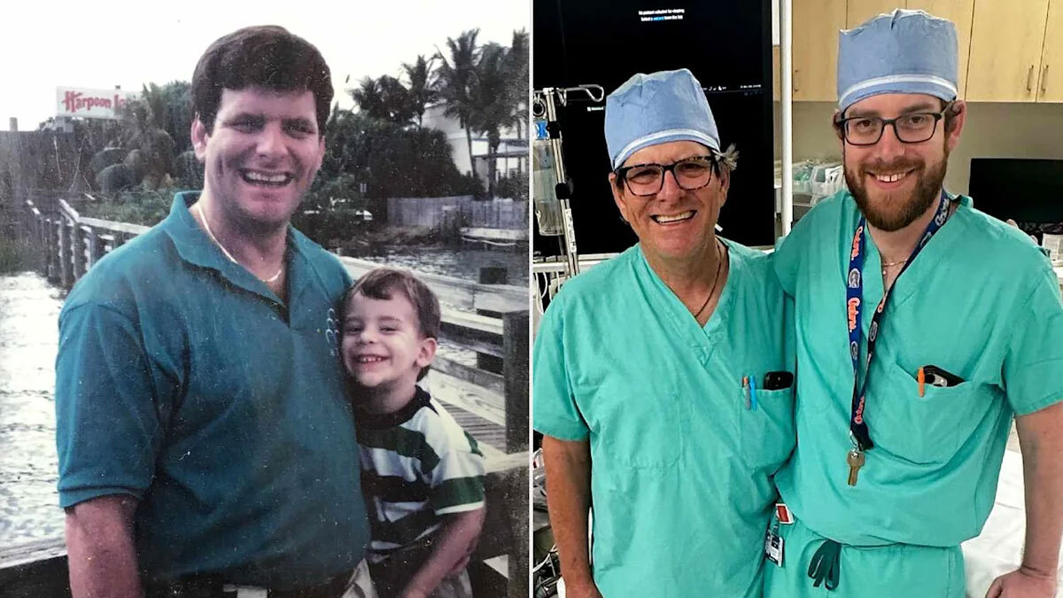 Two side by side photos of a man and his son.