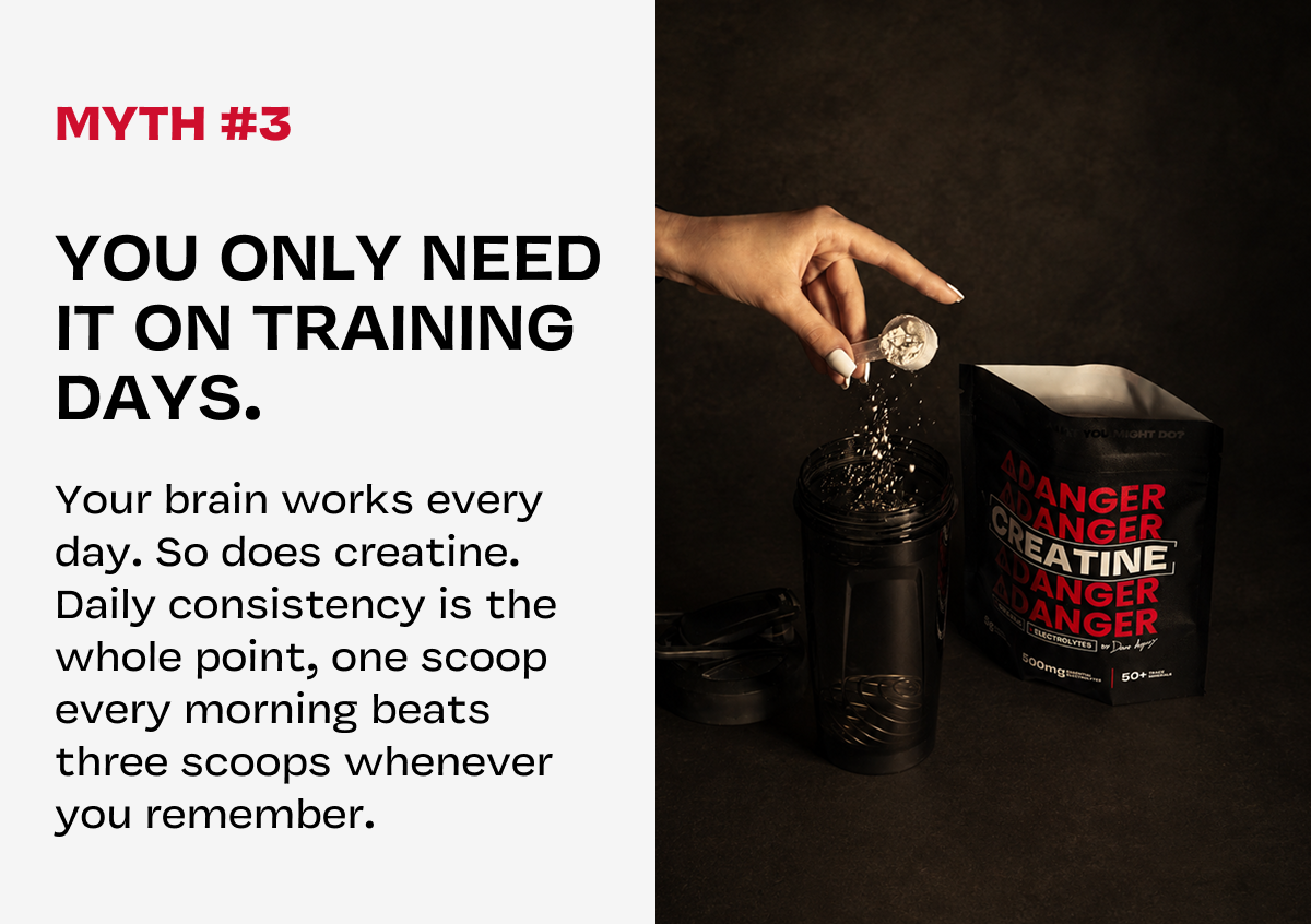 "You only need it on training days." Text on daily use, beside hand scooping into shaker cup.