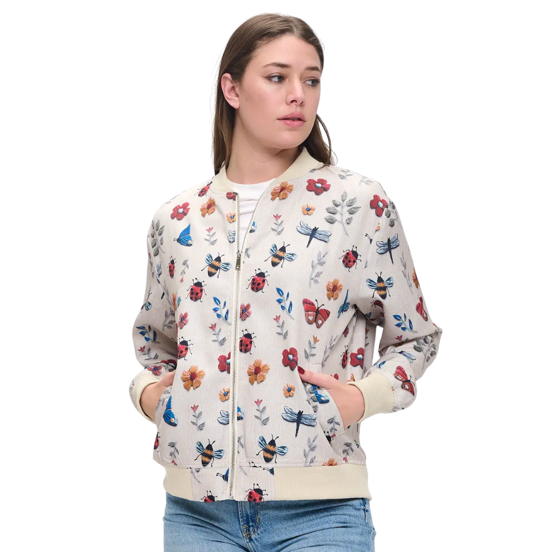 Image of Floral Flutter & Buzz Print Bomber Jacket