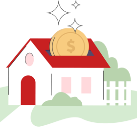 A white house with a red roof that has a slot in the top like a piggy bank. A gold coin is dropping inside the house through the roof slot.