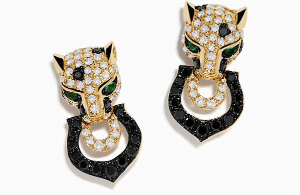 Signature 14K Yellow Gold White and Black Diamond Panther Earrings