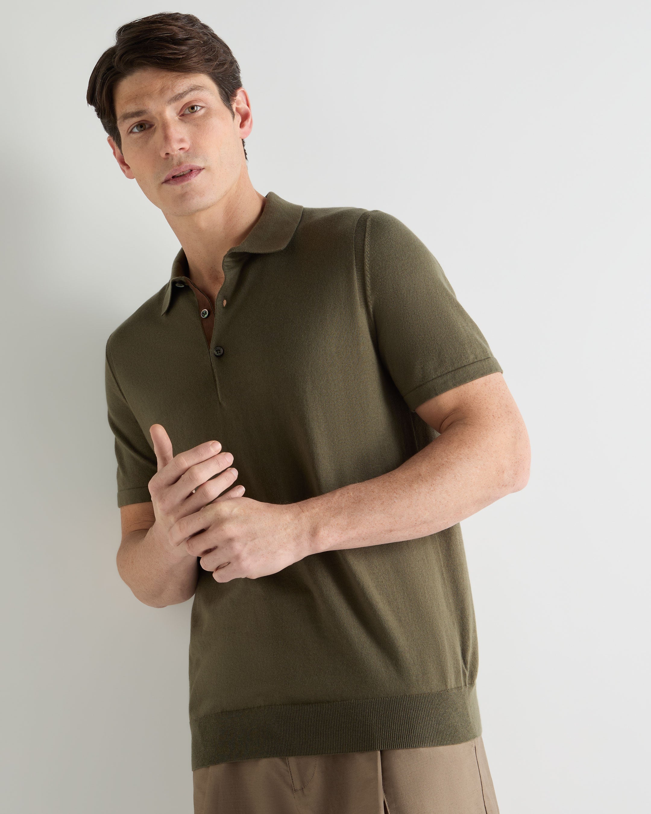 Image of Men's Polzeath Cotton Cashmere Polo T-Shirt Khaki Green