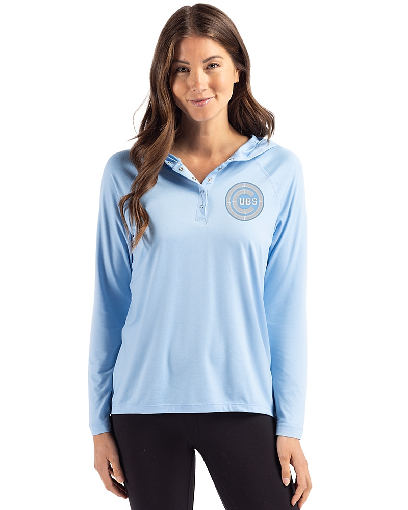 Image of Chicago Cubs Mono Cutter & Buck Coastline Recycled Double Peached Womens Hooded Pullover