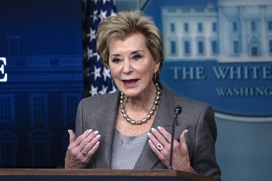 Secretary of Education Linda McMahon, a white woman with short hair wearing a suit, speaks at the White House press briefing room.