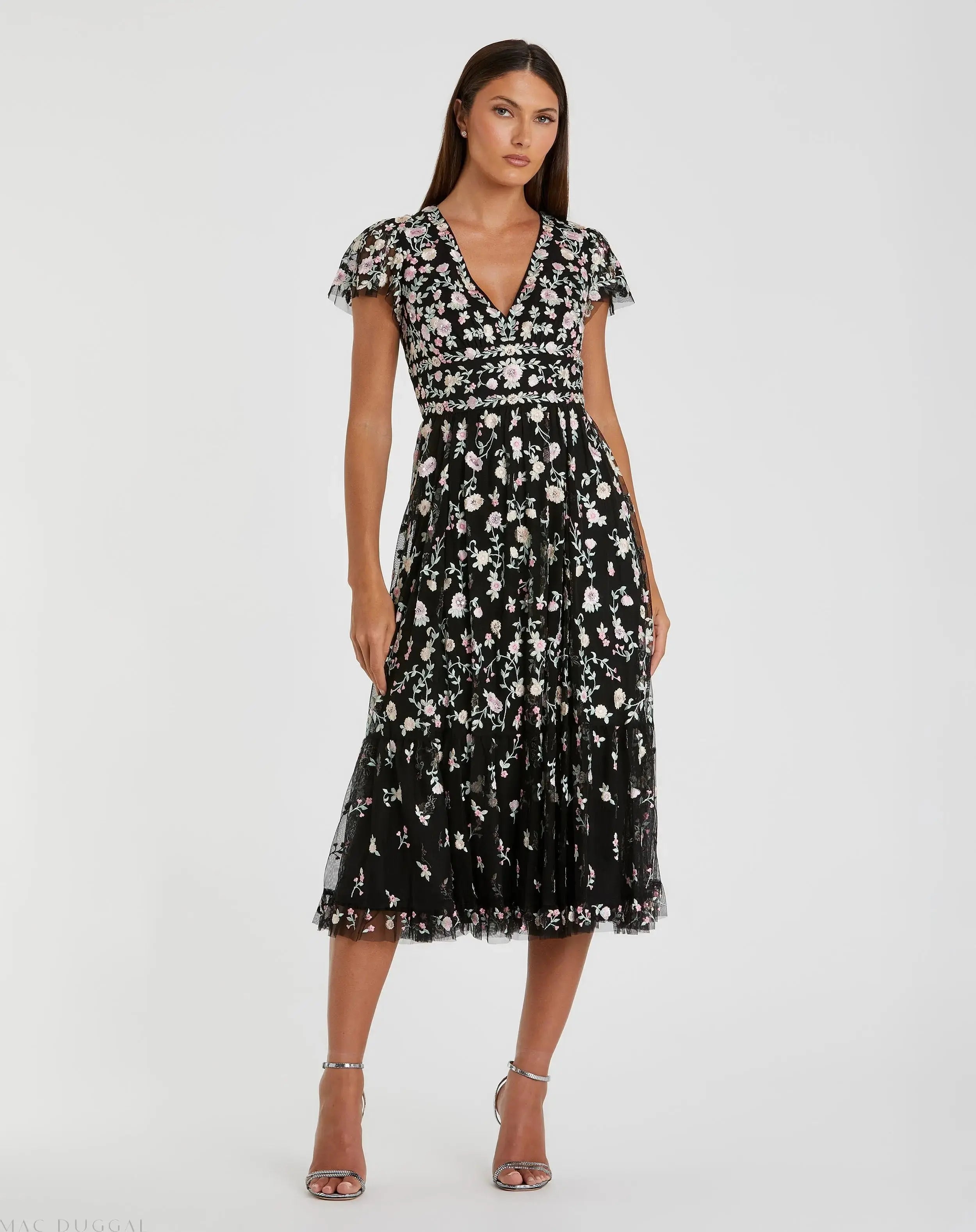 Image of Black Multicolor Embroidered V Neck Cap Sleeve Midi Dress