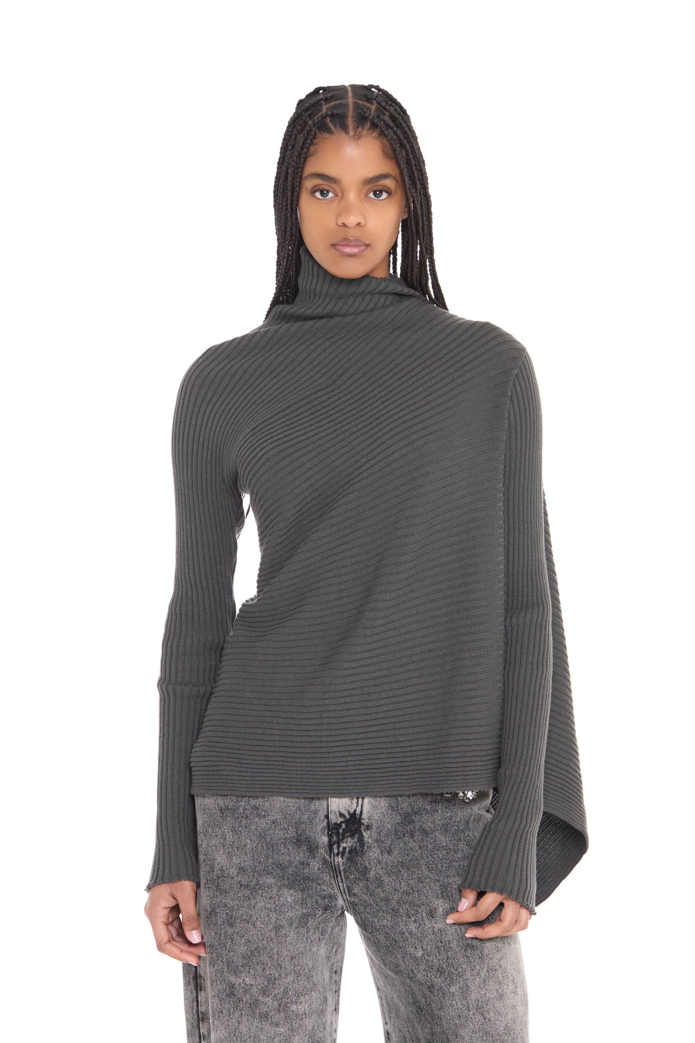 DARK GREY MERINO DRAPED JUMPER
