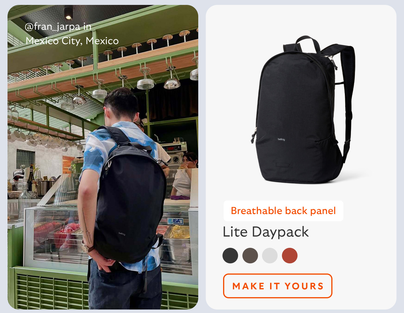 [Product name] Lite Daypack [Starburst] Breathable back panel [Image caption] @fran_jarpa in Mexico City, Mexico