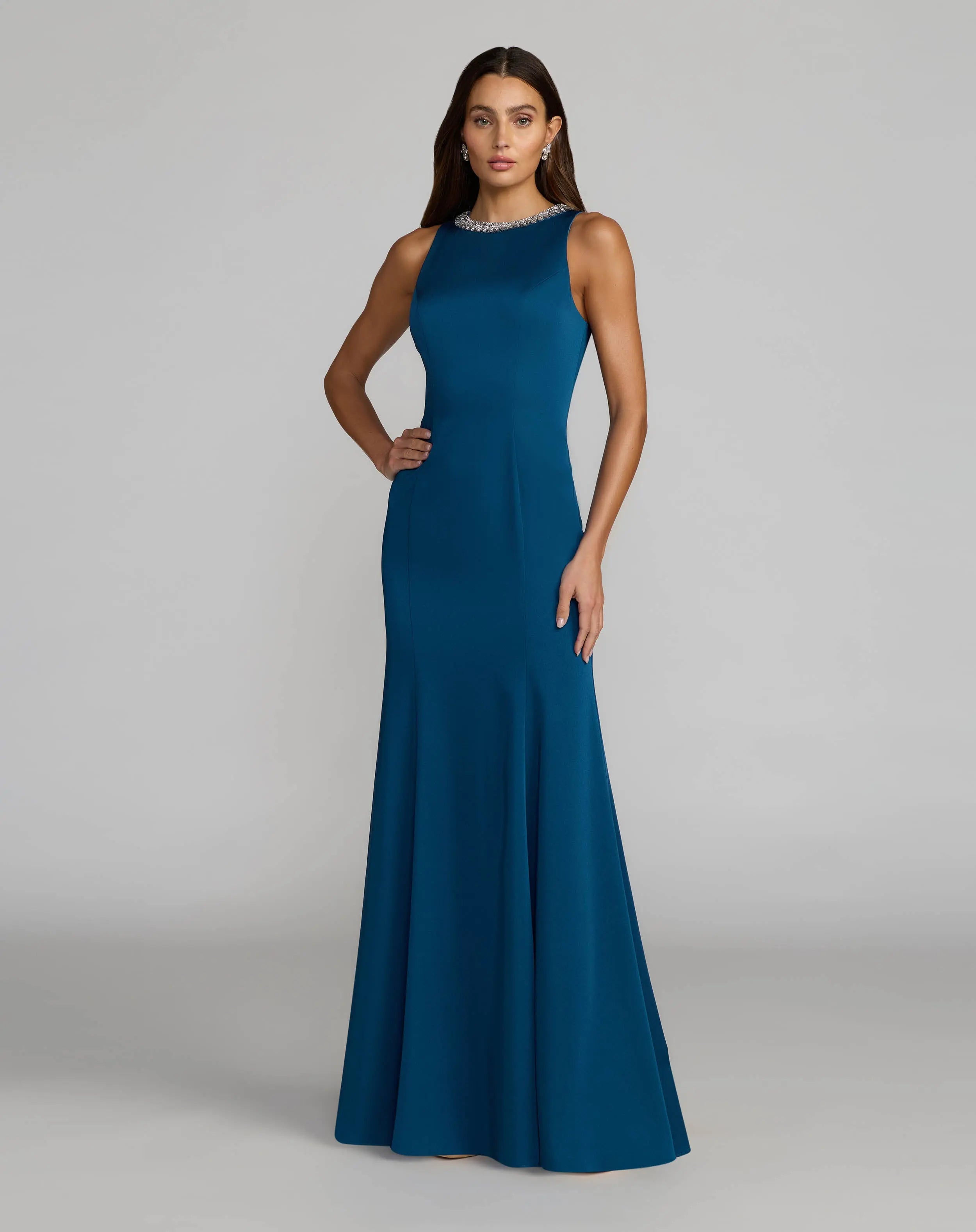 Image of Blue Embellished Neck Trumpet Gown
