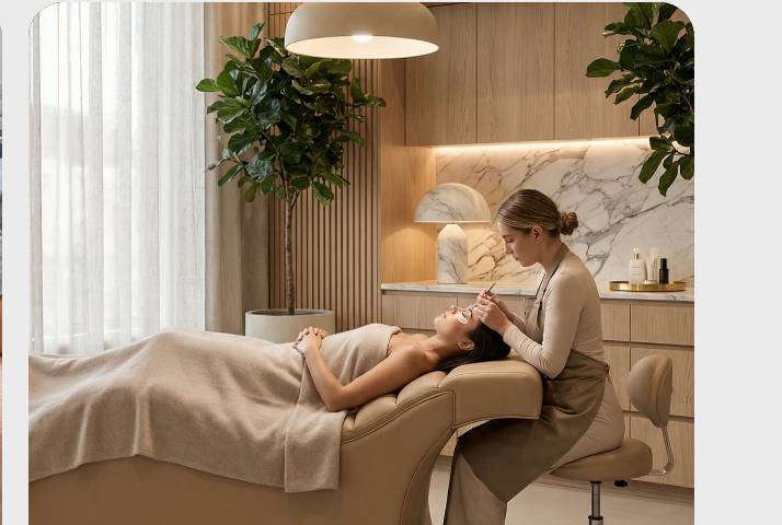 Artist comfortably working on a client on a curved beauty bed, demonstrating good ergonomics.