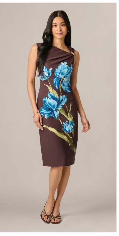 Asymmetrical Floral Printed Stretch Crepe Midi Dress In Brown Multi