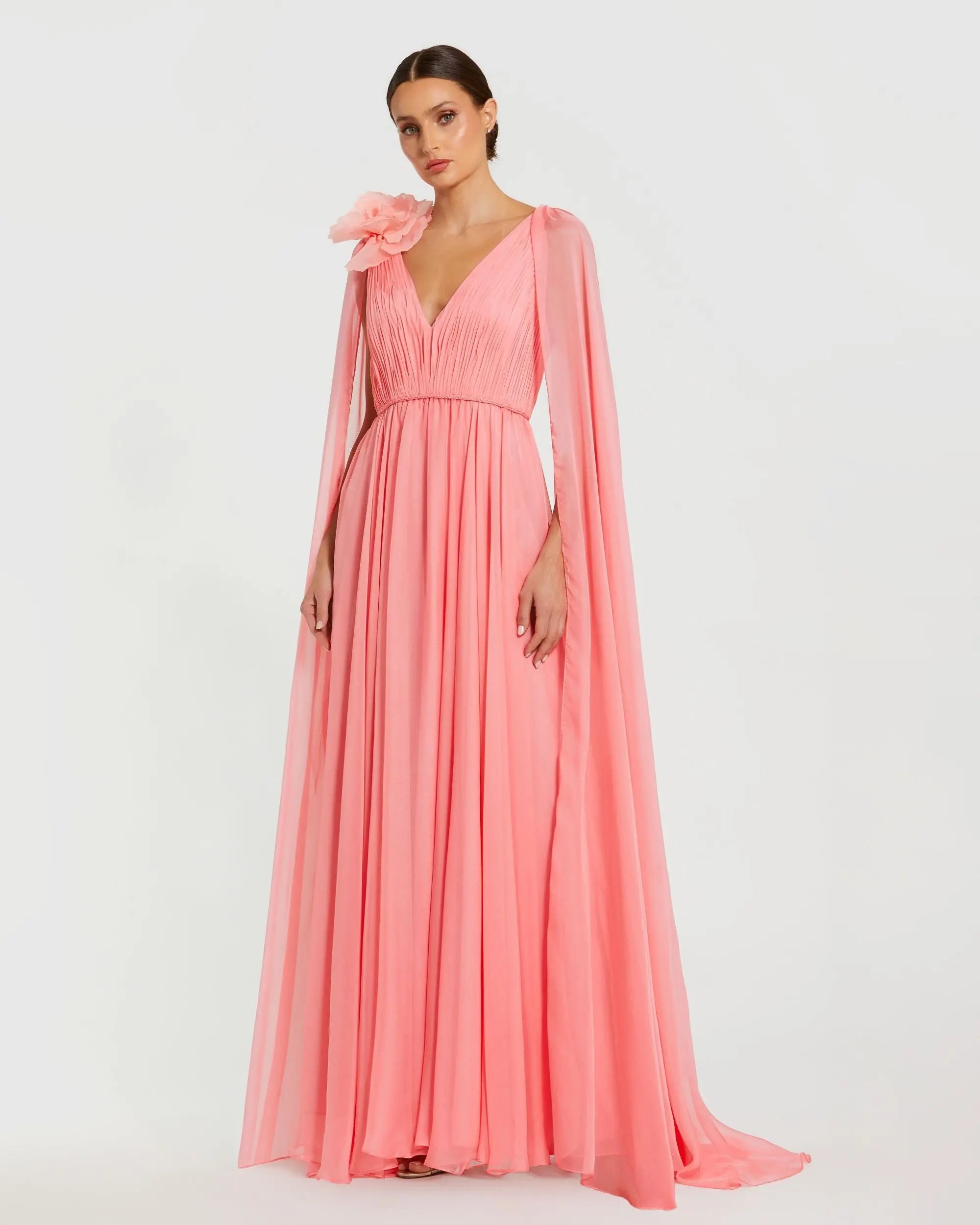 Image of Pink Chiffon V-Neck Gown With Cape Sleeves