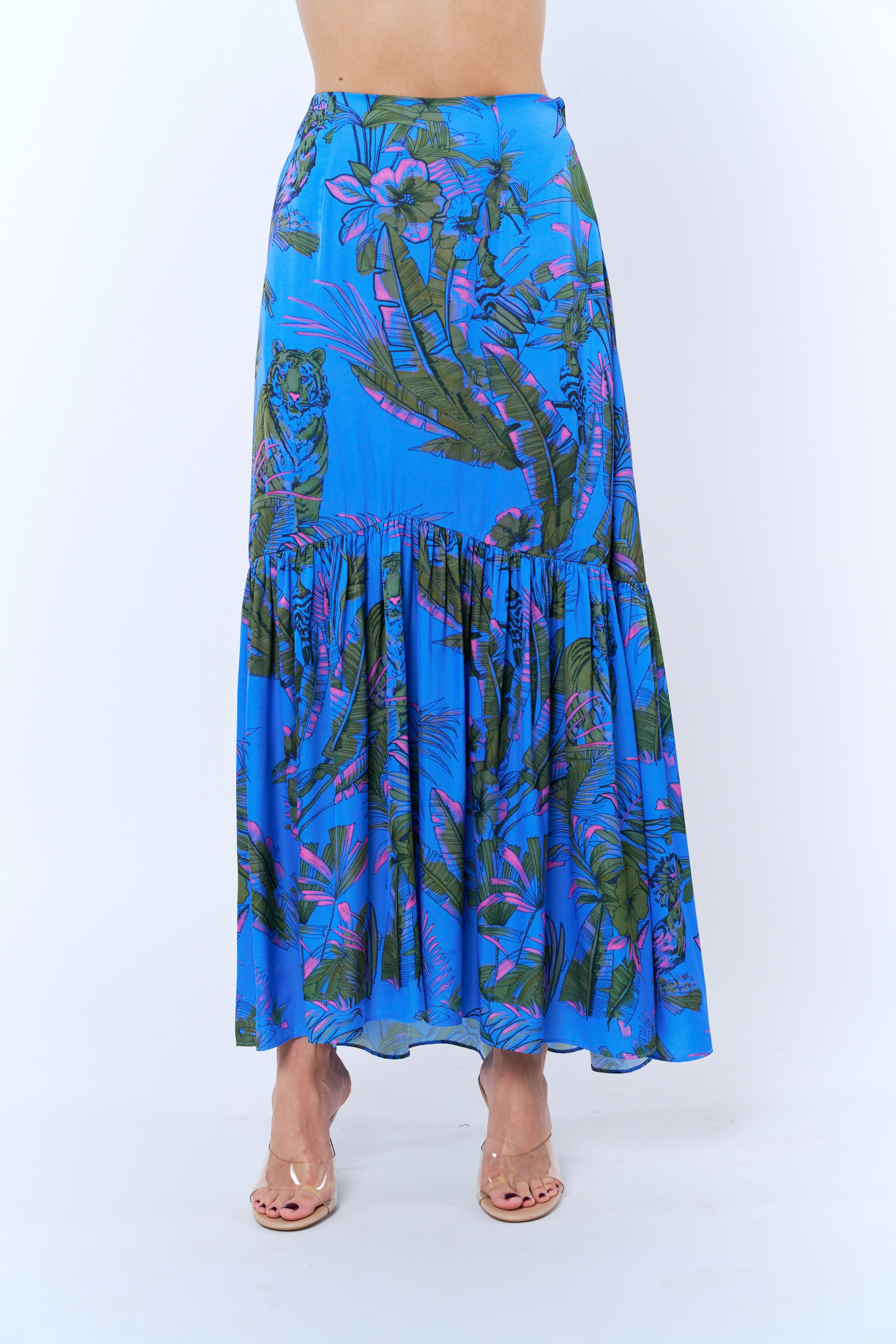 Image of Lara Tropical Print Tiered Maxi Skirt
