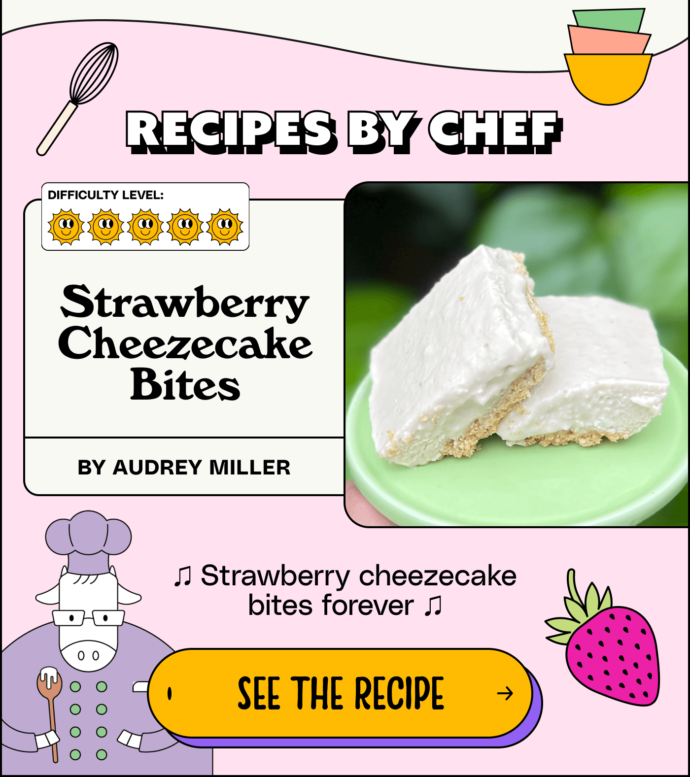 Recipes by chef. Strawberry Cheezecake Bites by Audrey Miller ♫ Strawberry cheezecake bites forever ♫ See the recipe.