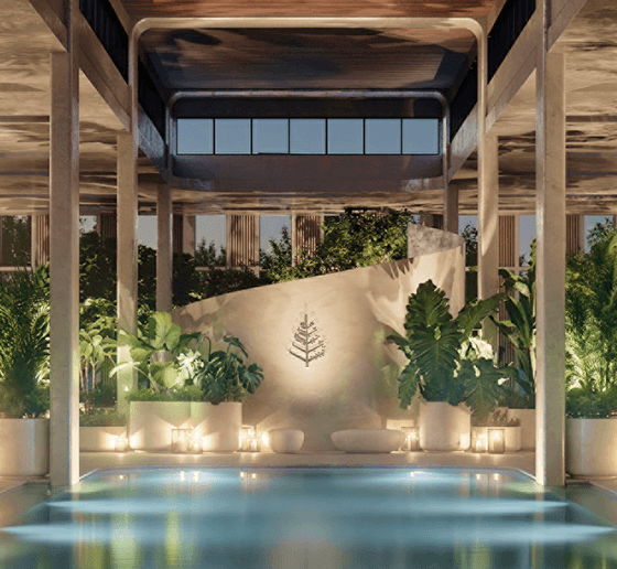 Luxury wellness spa with tranquil indoor pool and warm natural finishes.