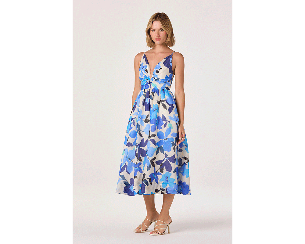 Woman Wearing Floral Plunge Midi Dress