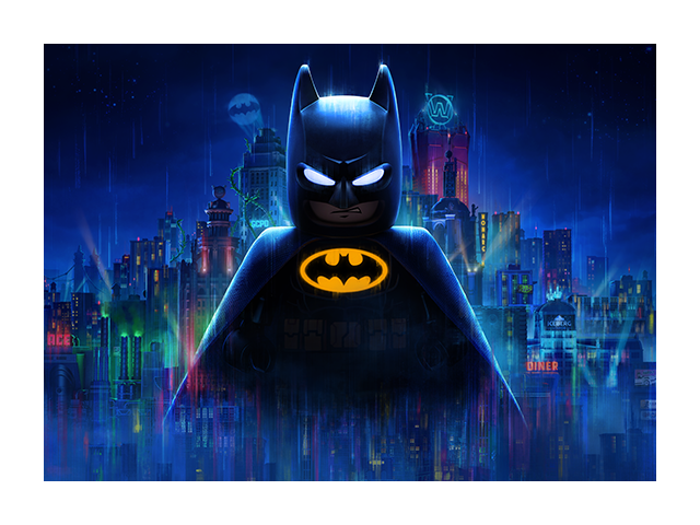 Key art showcasing LEGO Batman illuminated by the glow of a city skyline.