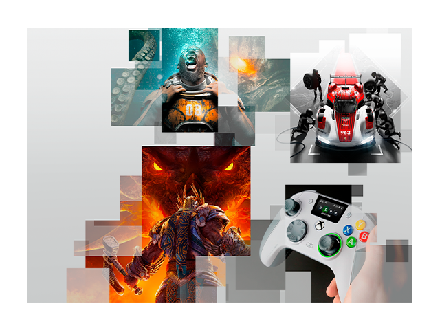 A mosaic collage featuring art from select games and an Xbox Wireless Controller juxtaposed like pixels to promote Nacon Connect 2026.