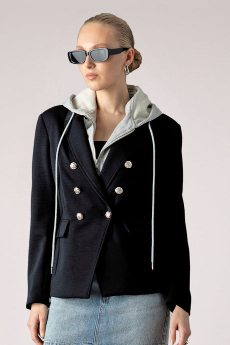 Helen Double Breasted Blazer in Black & Heather Cement