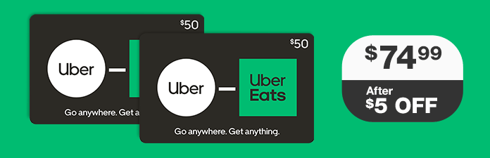 Uber - two $50 egift cards. $74.99 after $5 OFF