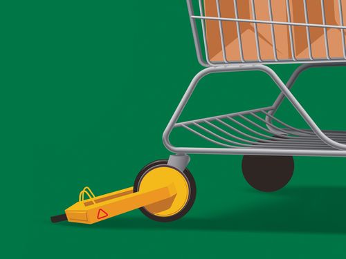 A lock on the wheel of a shopping cart