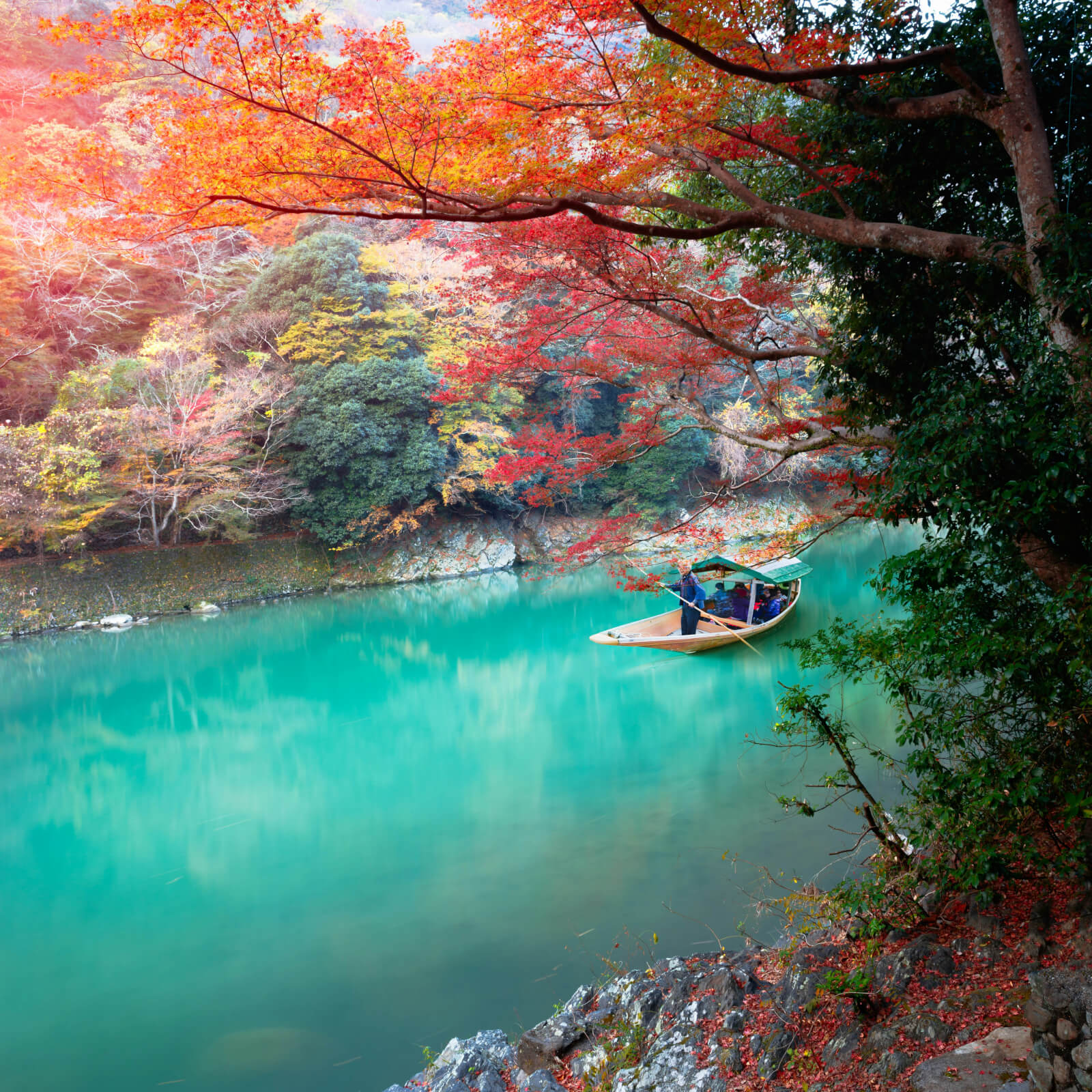 A boat floating in the Katsura river in Kyoto