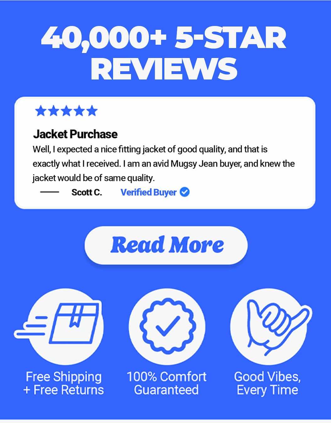 "Well, I expected a nice fitting jacket of good quality, and that is exactly what I received. I am an avid Mugsy Jean buyer, and knew the jacket would be of same quality." Check out 40,000+ Reviews 