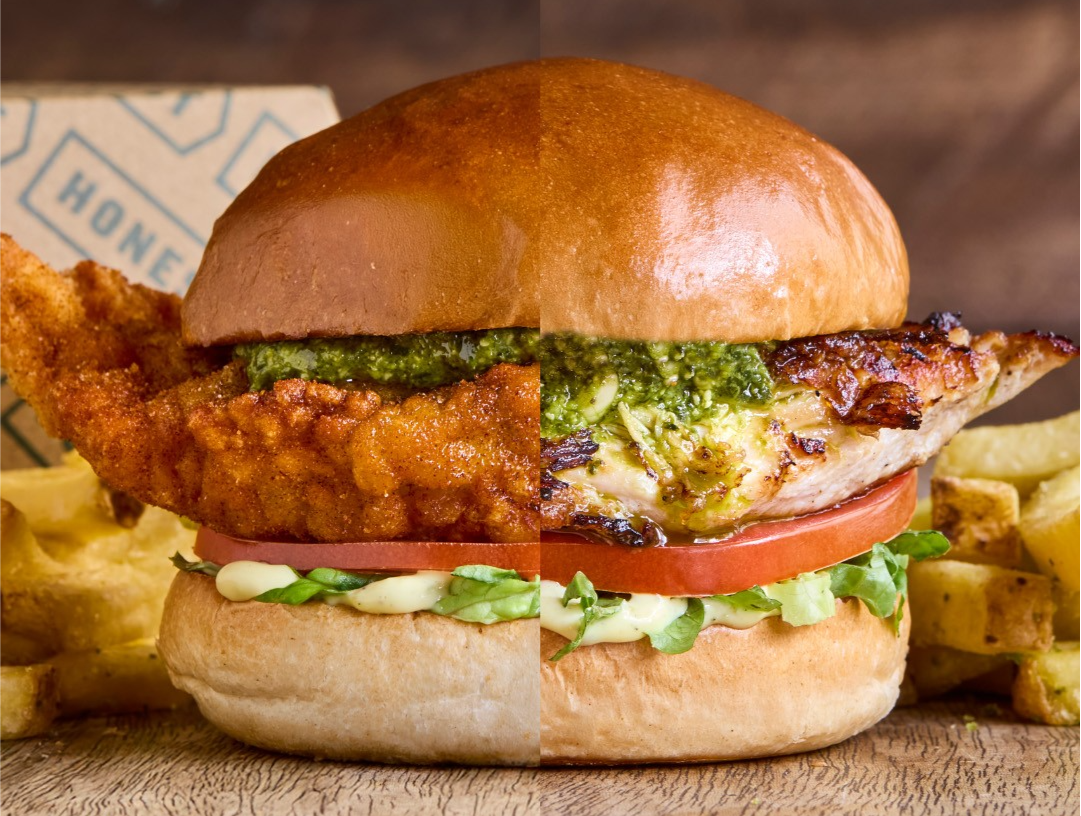 Grilled or fried chicken pesto burger