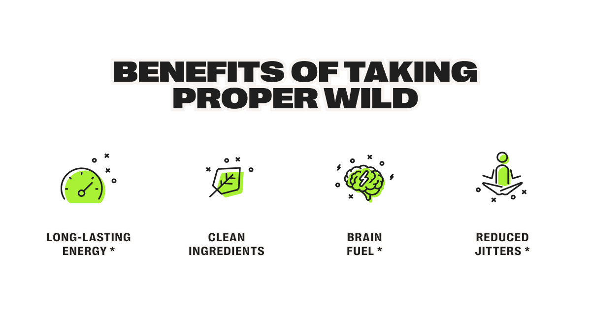 benefits of taking proper wild - long-lasting energy * / clean ingredients  / brain fuel * / reduced jitters *