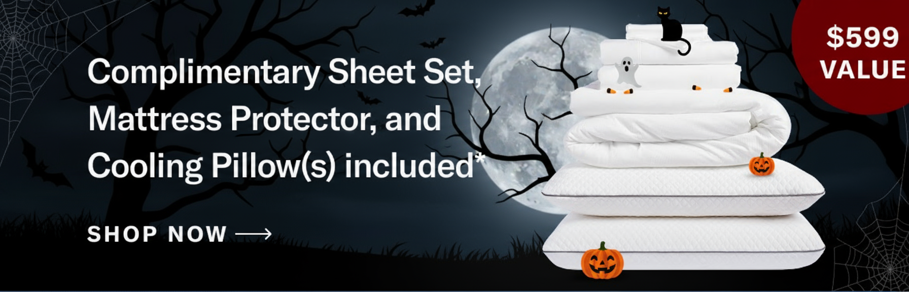 an image of a pile of pillows with a spooky moon in the background