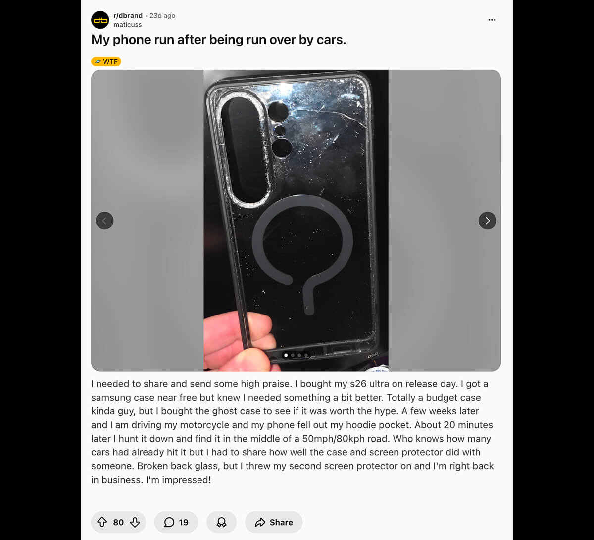 u/maticuss on Reddit: "My phone run after being run over by cars."