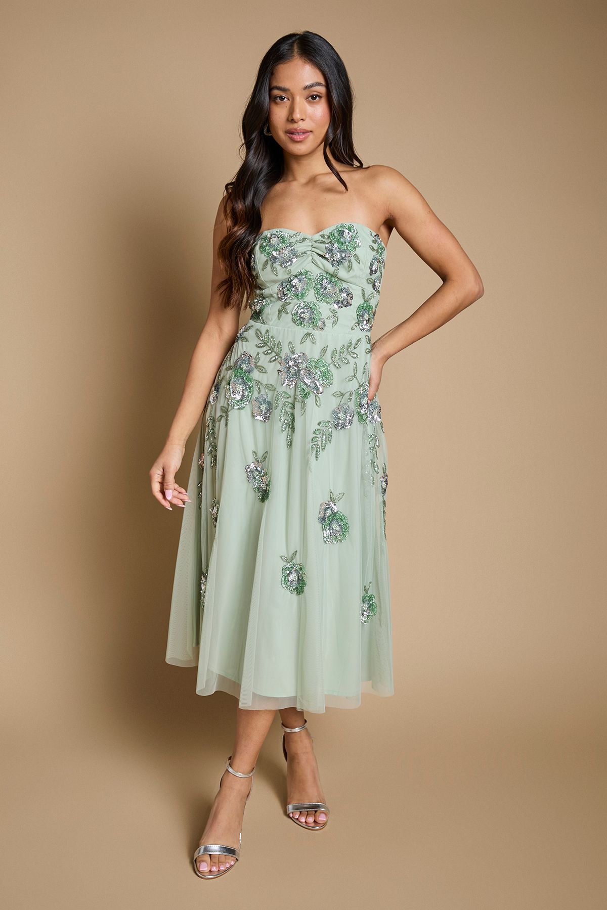 Petite Premium Trailing Floral Embellished Bandeau Midi Dress