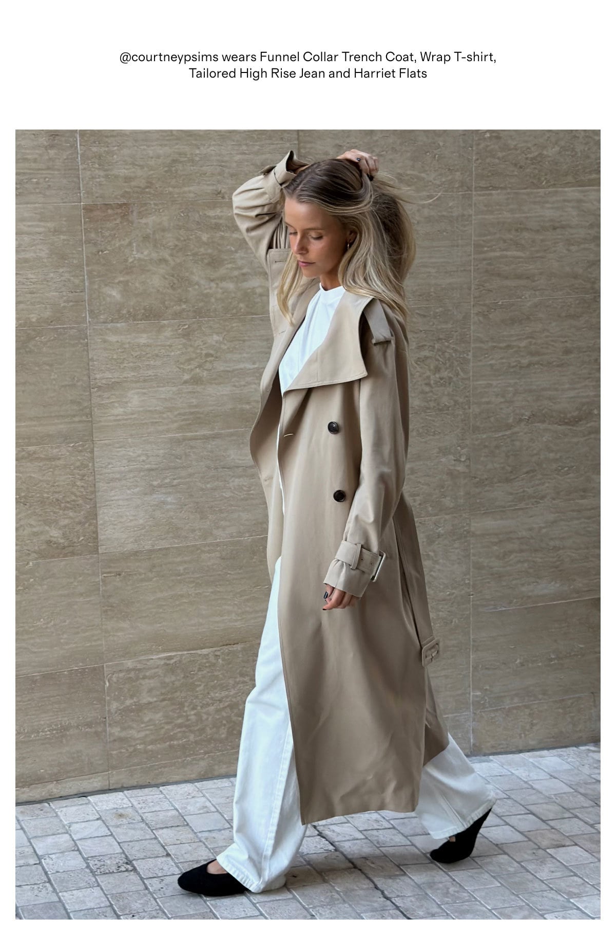 @courtneypsims wears Funnel Collar Trench Coat, Wrap T-shirt, Tailored High Rise Jean and Harriet Flats
