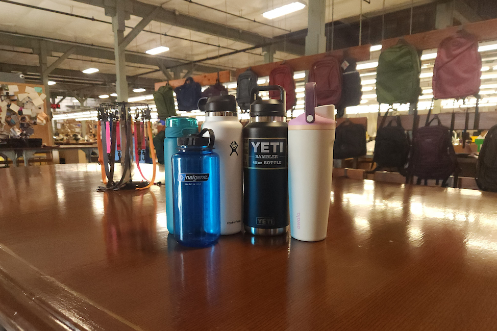 Assortment of water bottles tested in the Tom Bihn Headquarters