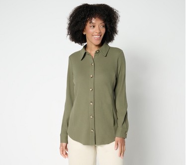 Belle by Kim Gravel Petite Waffle Knit & Jersey Button Front Top