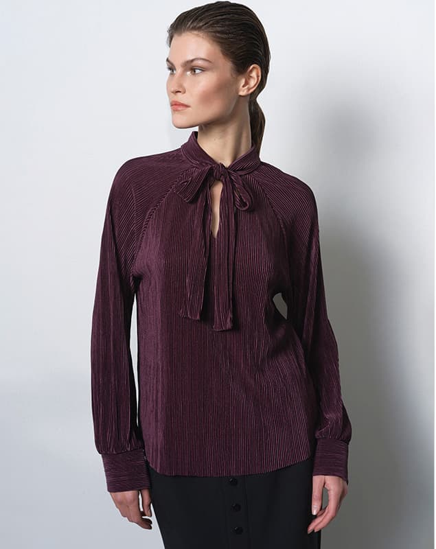 Rylah Plisse Long Sleeve Tie Neck Shirt