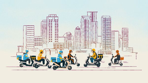 Illustration of several delivery drivers on motobikes with the citylandscape as background