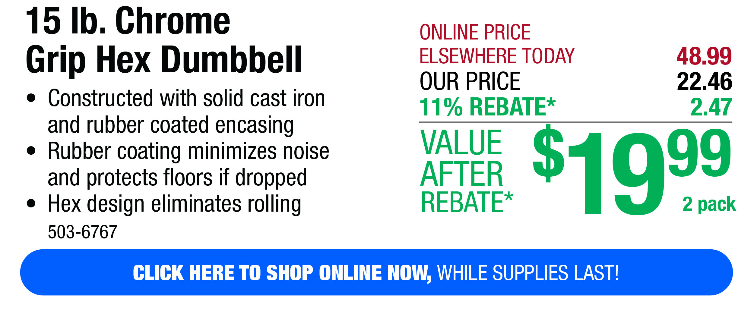 15 lb. Chrome Grip Hex Dumbbell - Free Shipping To Store!