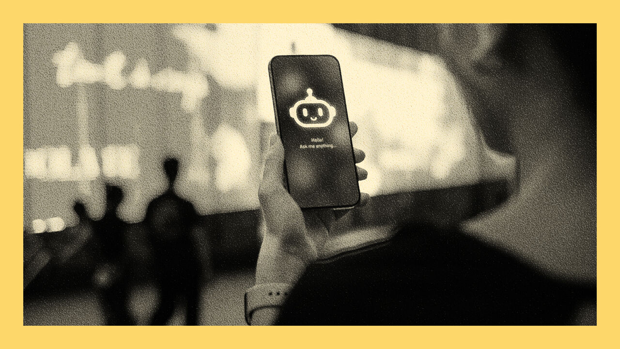 A woman standing against illuminated digital display on the street in city, speaking to virtual assistant, chatting AI chatbot app on smartphone.