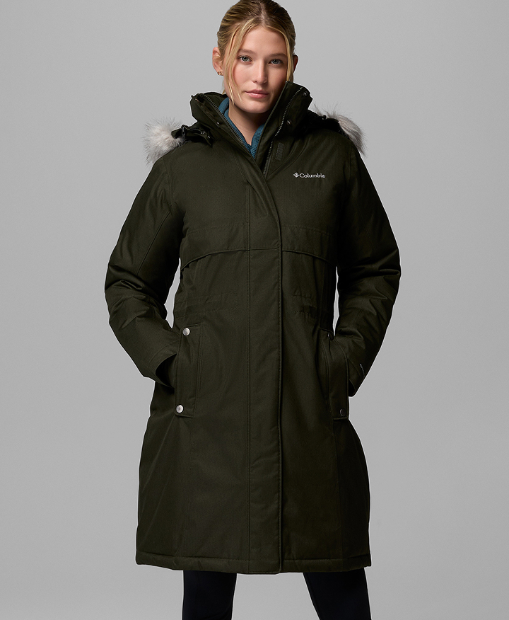 A woman wearing a black winter jacket with fur on the hood.