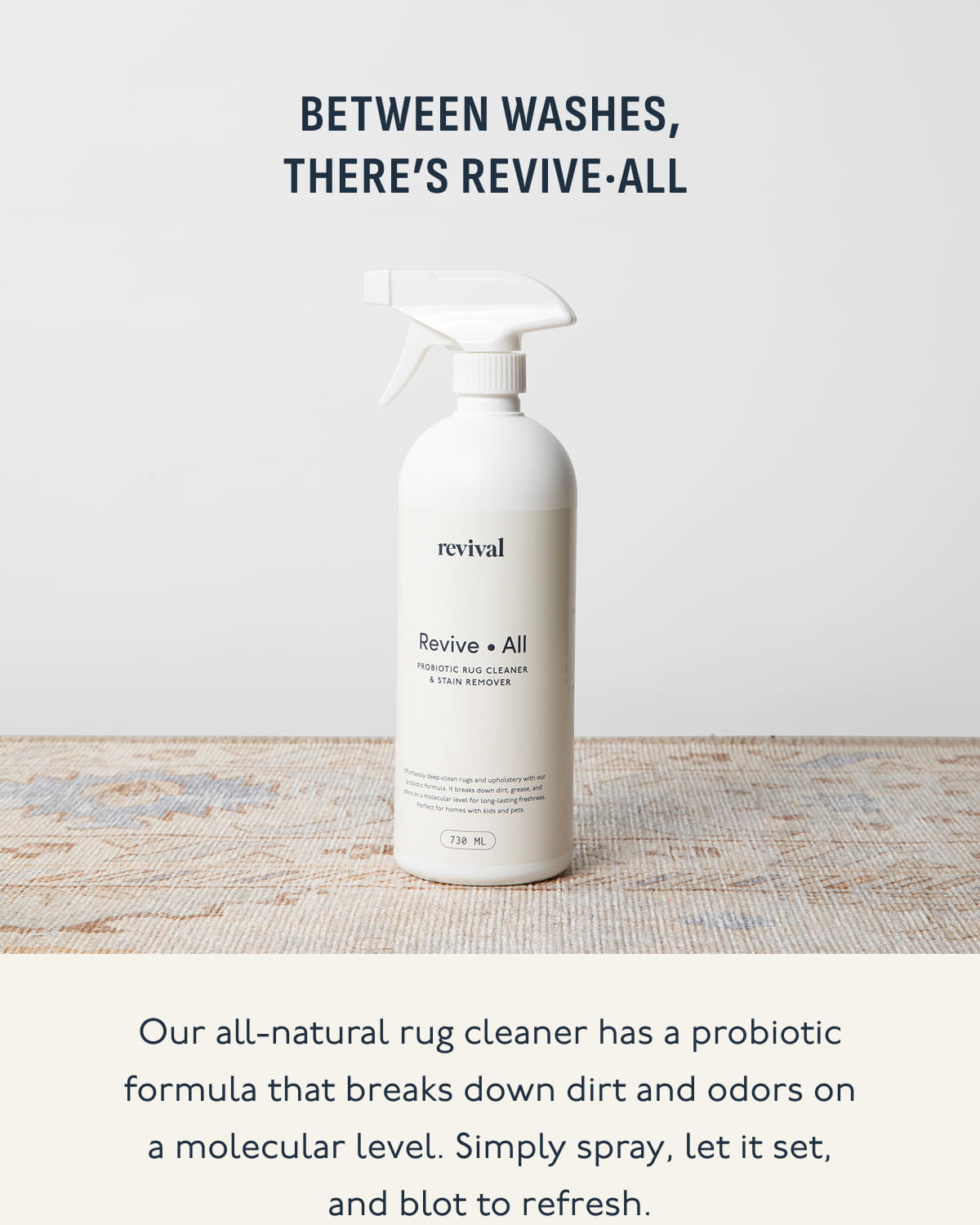 Between washes, there’s Revive·All | Our all-natural rug cleaner has a probiotic formula that breaks down dirt and odors on a molecular level. Simply spray, let it set, and blot to refresh.