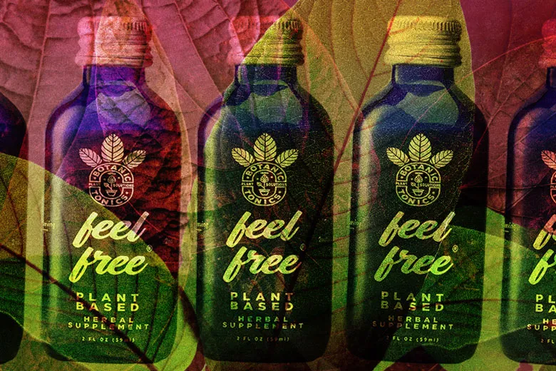 A collage of Feel Free bottles