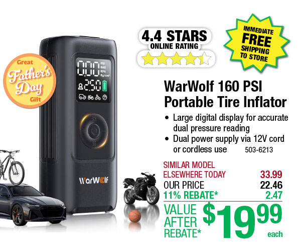 WarWolf 160 PSI Portable Tire Inflator - ONLY $19.99 After Rebate*!