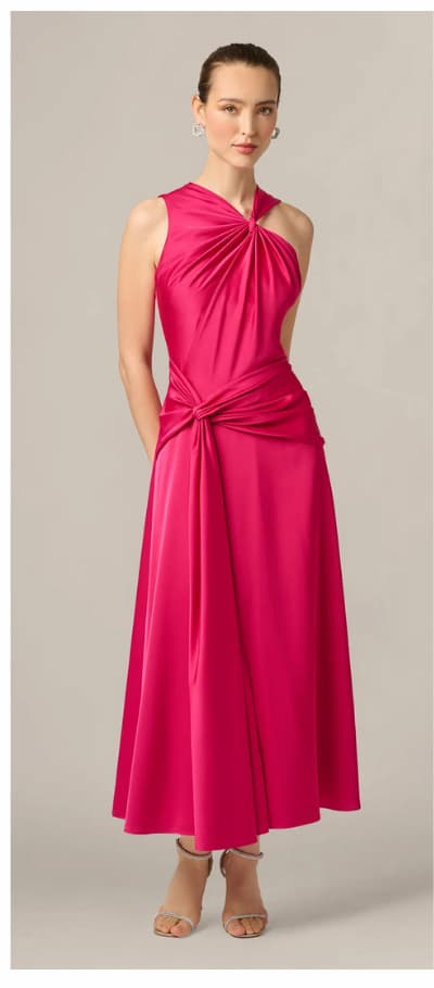 Satin Asymmetrical Knotted Drape Ankle Length Dress In Bright Rose