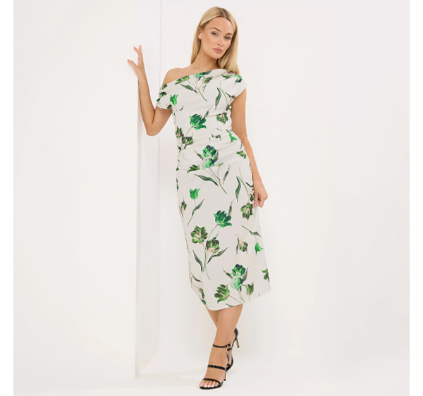STAR White Floral Draped Midi Dress