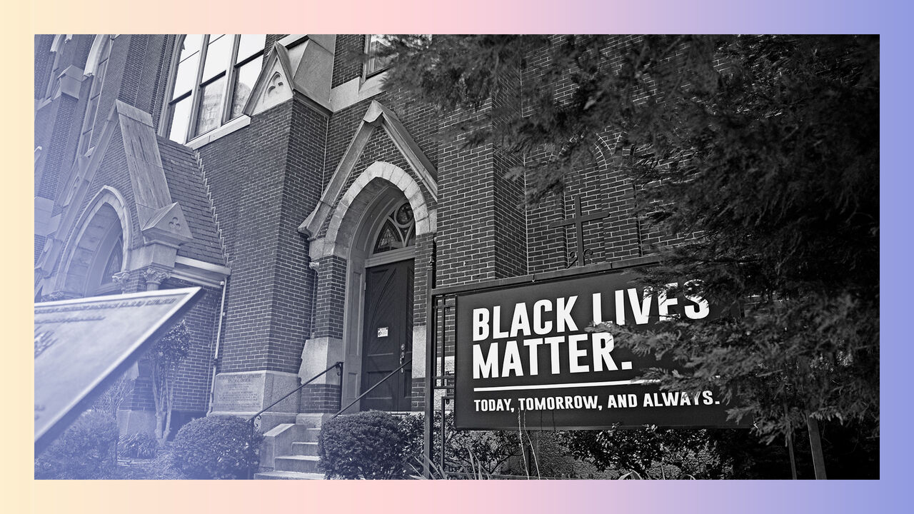 A Black Lives Matter sign stands outside the Metropolitan African Methodist Episcopal Church in Washington, DC, USA.