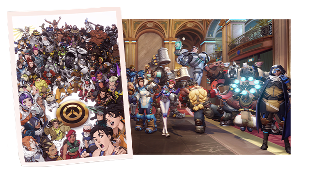 Juxtaposed images of heroes gathered around the Overwatch logo and raising their tankards in celebration of the Overwatch Anniversary.