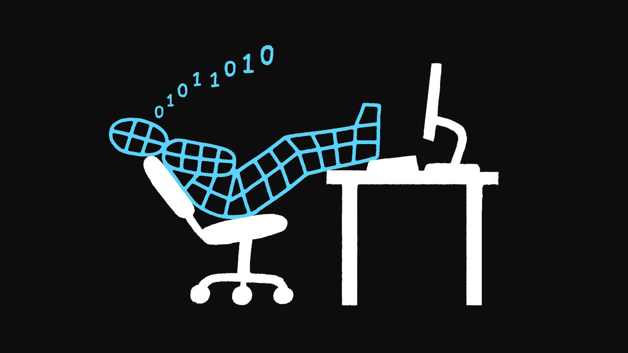 illustration of a wireframe figure sleeping at an office desk