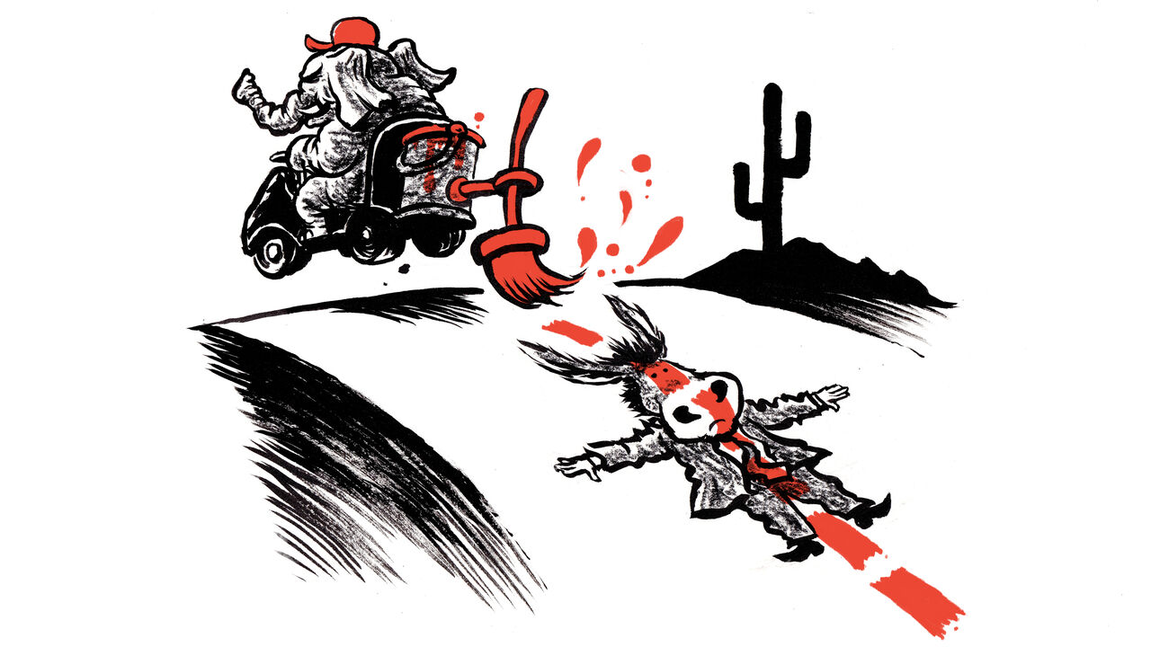 The Republican elephant painting the limit over the Democratic donkey. 