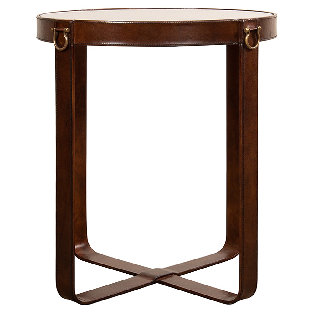 Image of Olympus Rustic Lodge Leather Harness Glass Round Side Table